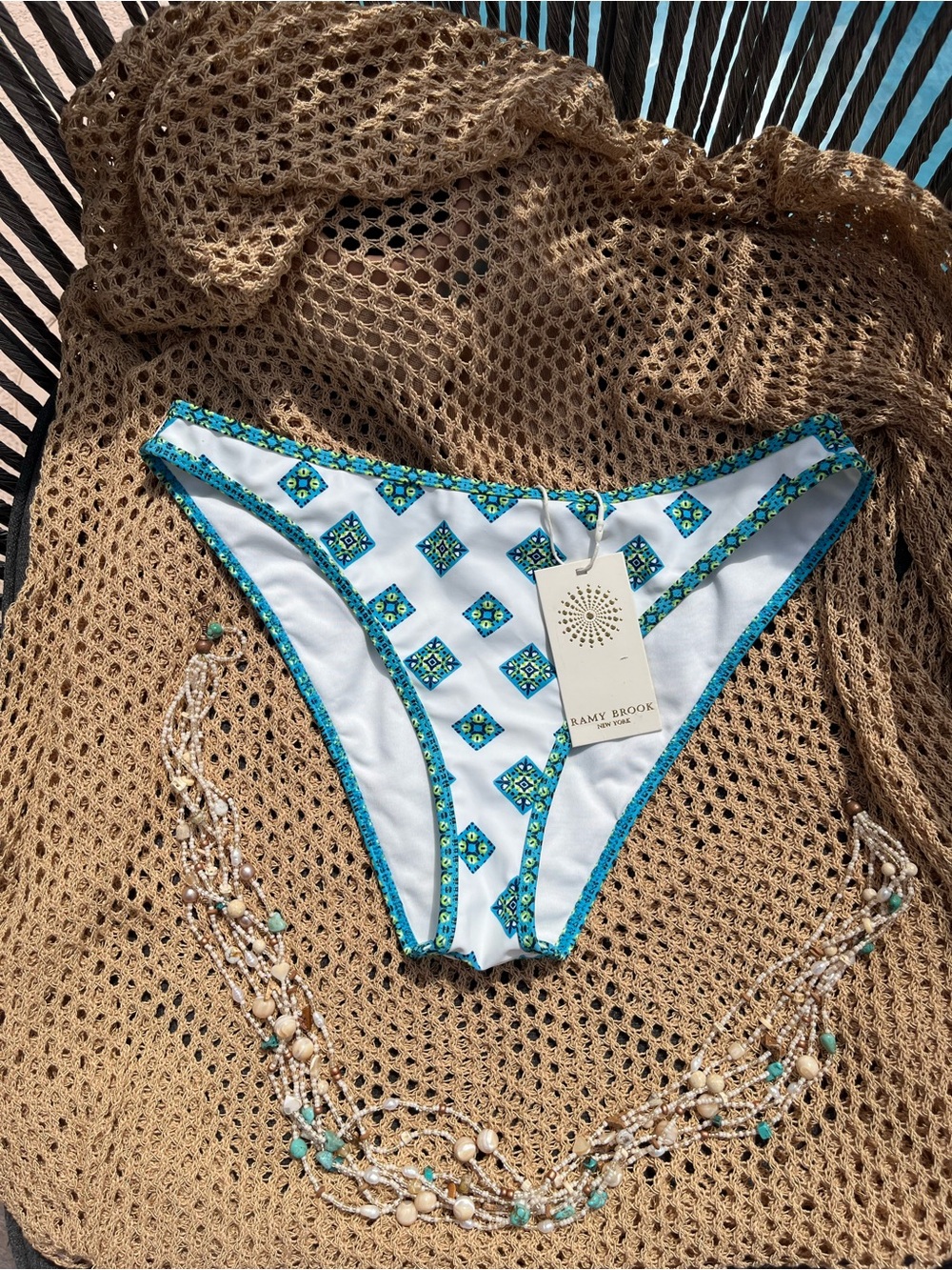 Ramy Brook White Bikini Bottom with Turquoise & Lime Mosaic Trim